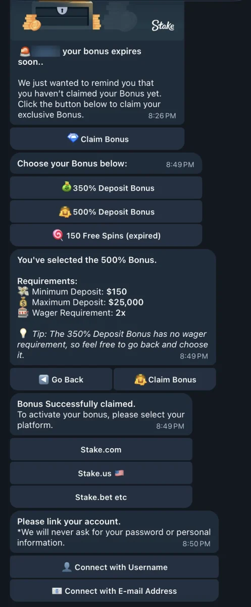 A long Telegram chat in dark blue bubbles lists three bonus buttons, 350% Deposit Bonus, 500% Deposit Bonus and 150 Free Spins marked expired. Under them, the bot spells out the 500% requirements, a $150 minimum deposit, a $25,000 maximum and a 2x wager, before asking you to pick a Stake site and link an account.