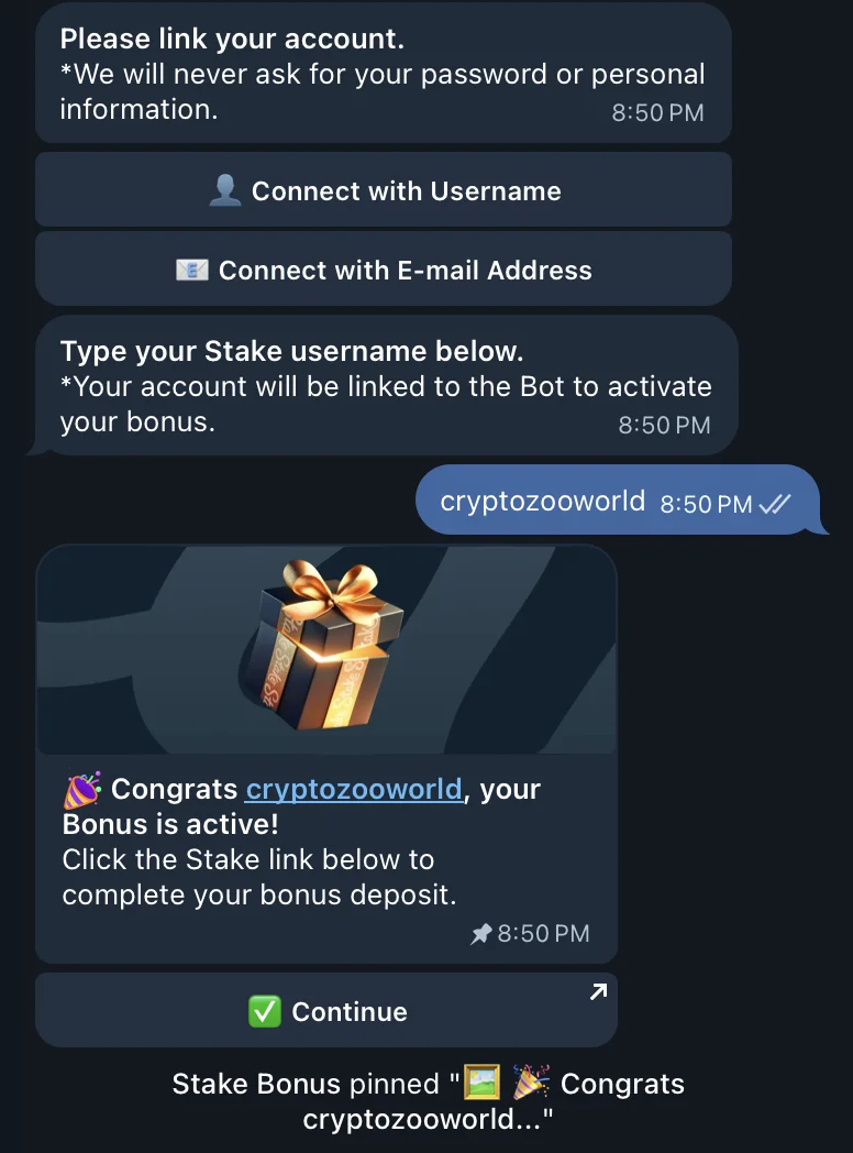 In a dark Telegram chat, our blue message bubble on the right holds the made-up username cryptozooworld. The bot answers on the left with a gold-wrapped gift box and the words Congrats cryptozooworld, your Bonus is active, above a Continue button that it pins to the top of the chat.