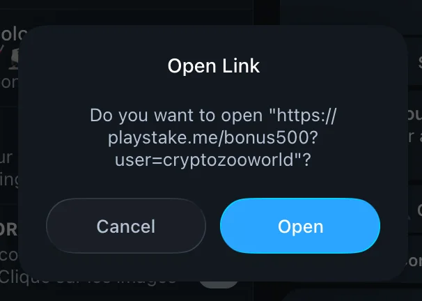 A dark Telegram pop-up titled Open Link asks whether to open the fake Stake site's bonus link. A gray Cancel button sits on the left and a bright blue Open button on the right.